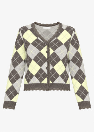 Strickjacke mit Rautenmuster und Spitzenborte - grau