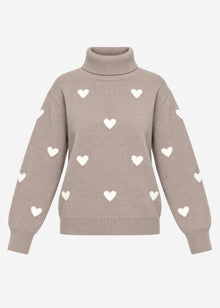 Rollkragenpullover mit Herzmuster - taupe