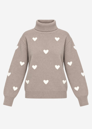 Rollkragenpullover mit Herzmuster - taupe