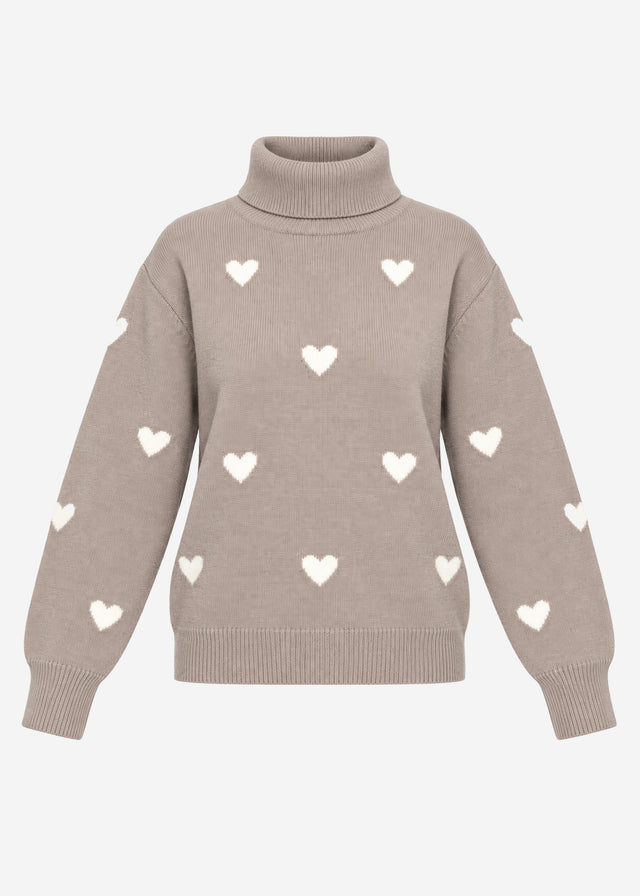 Rollkragenpullover mit Herzmuster - taupe