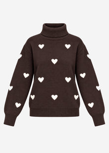 Rollkragenpullover mit Herzmuster - braun