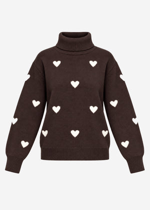 Rollkragenpullover mit Herzmuster - braun