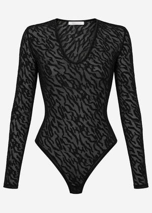 Long-sleeved bodysuit with textured pattern - black
