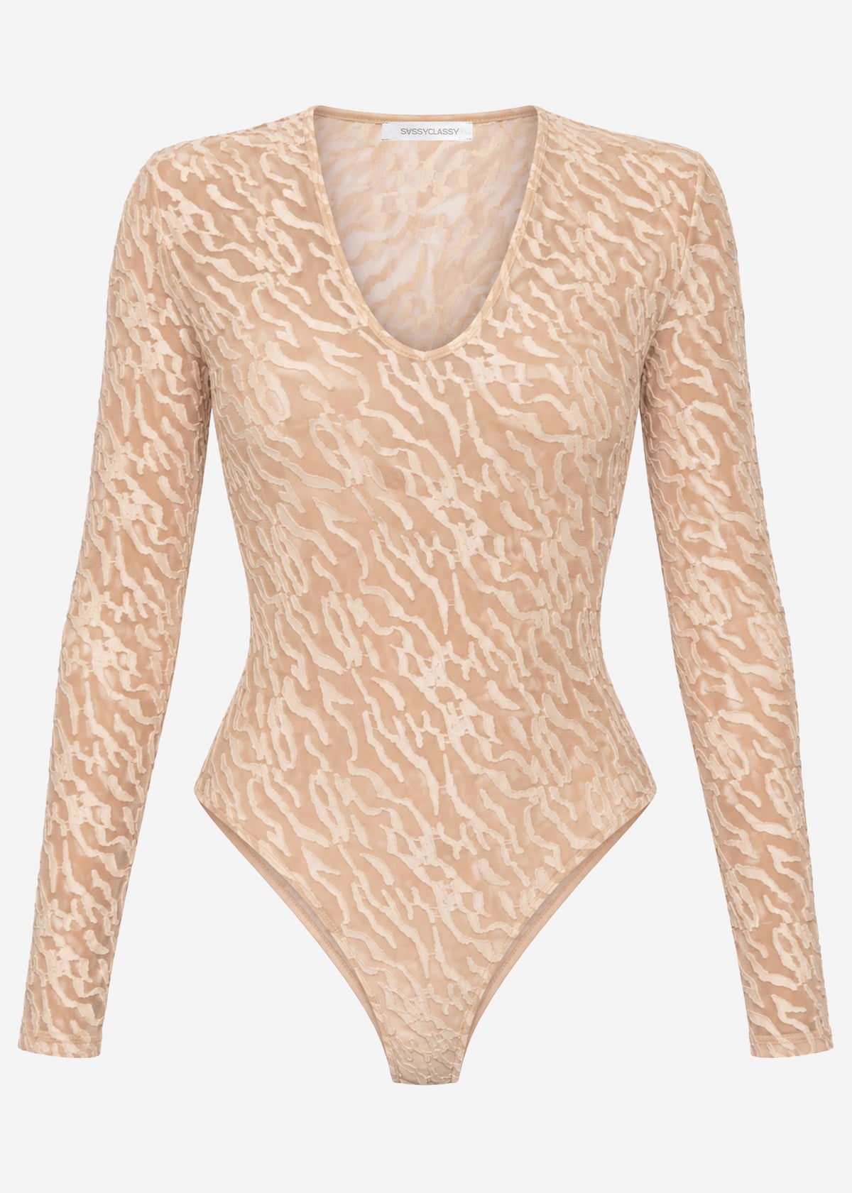 Long-sleeved bodysuit with textured pattern - beige