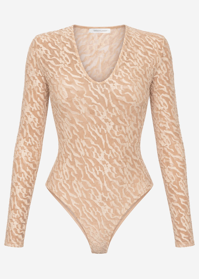 Long-sleeved bodysuit with textured pattern - beige