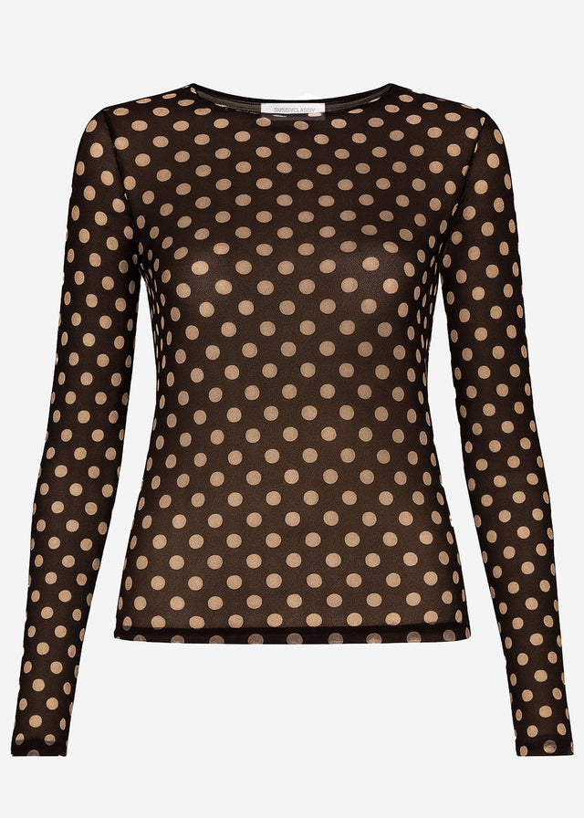 Leicht transparentes Langarmshirt mit Kaschmiranteil und Punkten - braun