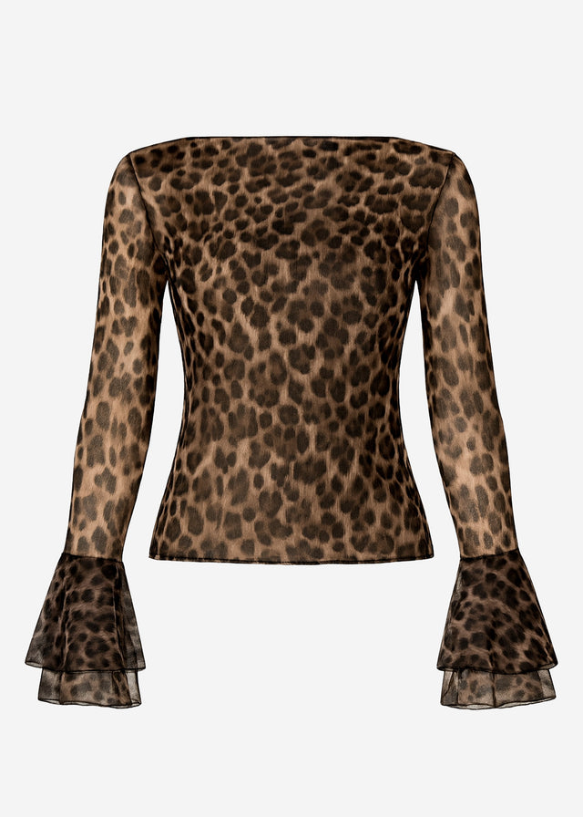 Mesh long-sleeved top with leopard print and flounce sleeves - brown