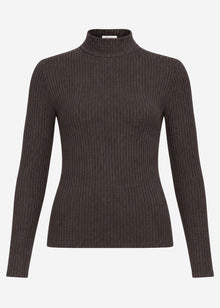 Ribbed long-sleeved top with funnel neck - brown