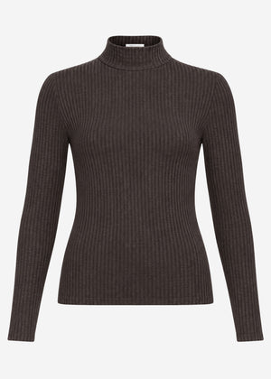 Ribbed long-sleeved shirt with stand-up collar - brown