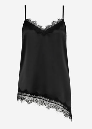 Satin top with lace and asymmetrical hem - black