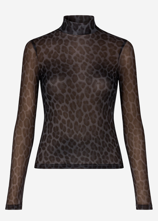 Mesh long-sleeved top with leopard print - grey
