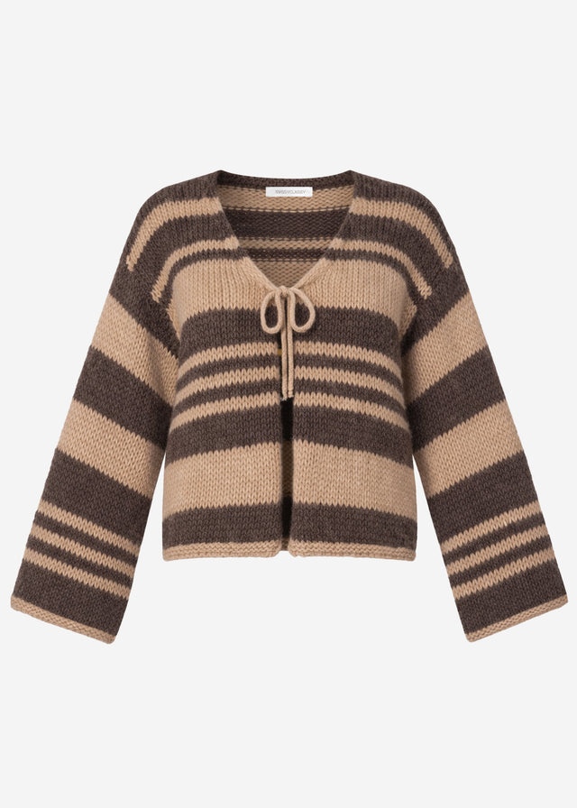 Gestreifte Strickjacke mit Schleifenverschluss - braun-beige