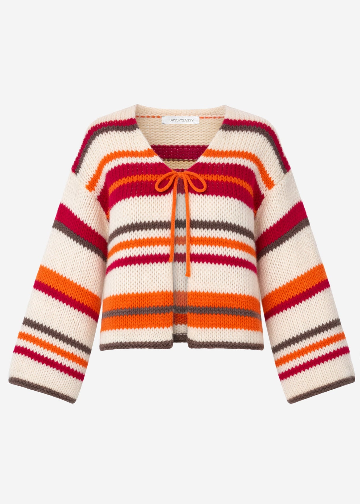 Bunt gestreifte Strickjacke mit Schleifenverschluss - orange-pink