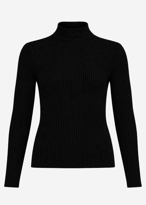 Geripptes Langarmshirt mit Stehkragen - schwarz