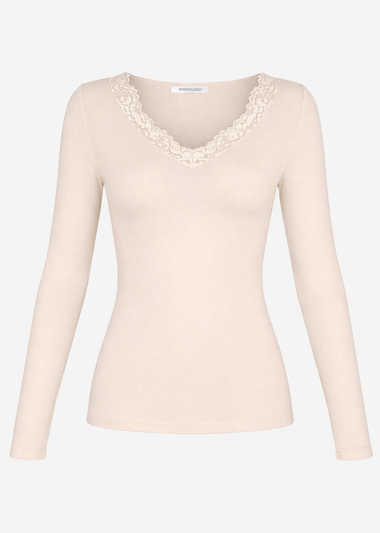 Langarmshirt mit Spitzenausschnitt - hellbeige