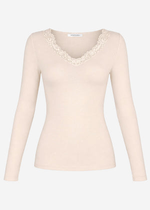 Langarmshirt mit Spitzenausschnitt - hellbeige