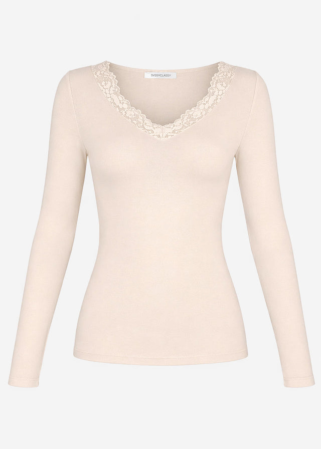 Langarmshirt mit Spitzenausschnitt - hellbeige
