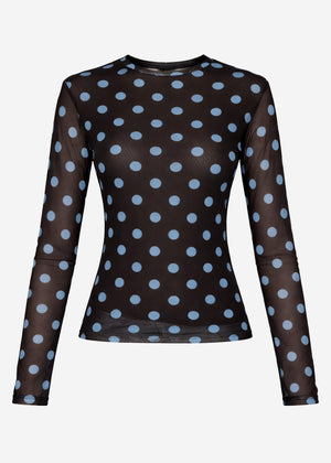 Mesh Langarmshirt mit großen Punkten - braun-blau