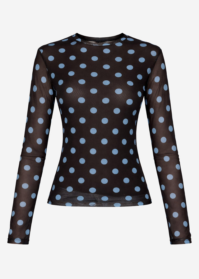 Mesh long-sleeved top with large polka dots - brown-blue