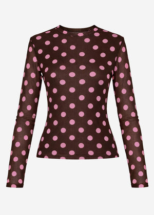 Mesh Langarmshirt mit großen Punkten - braun-rosa