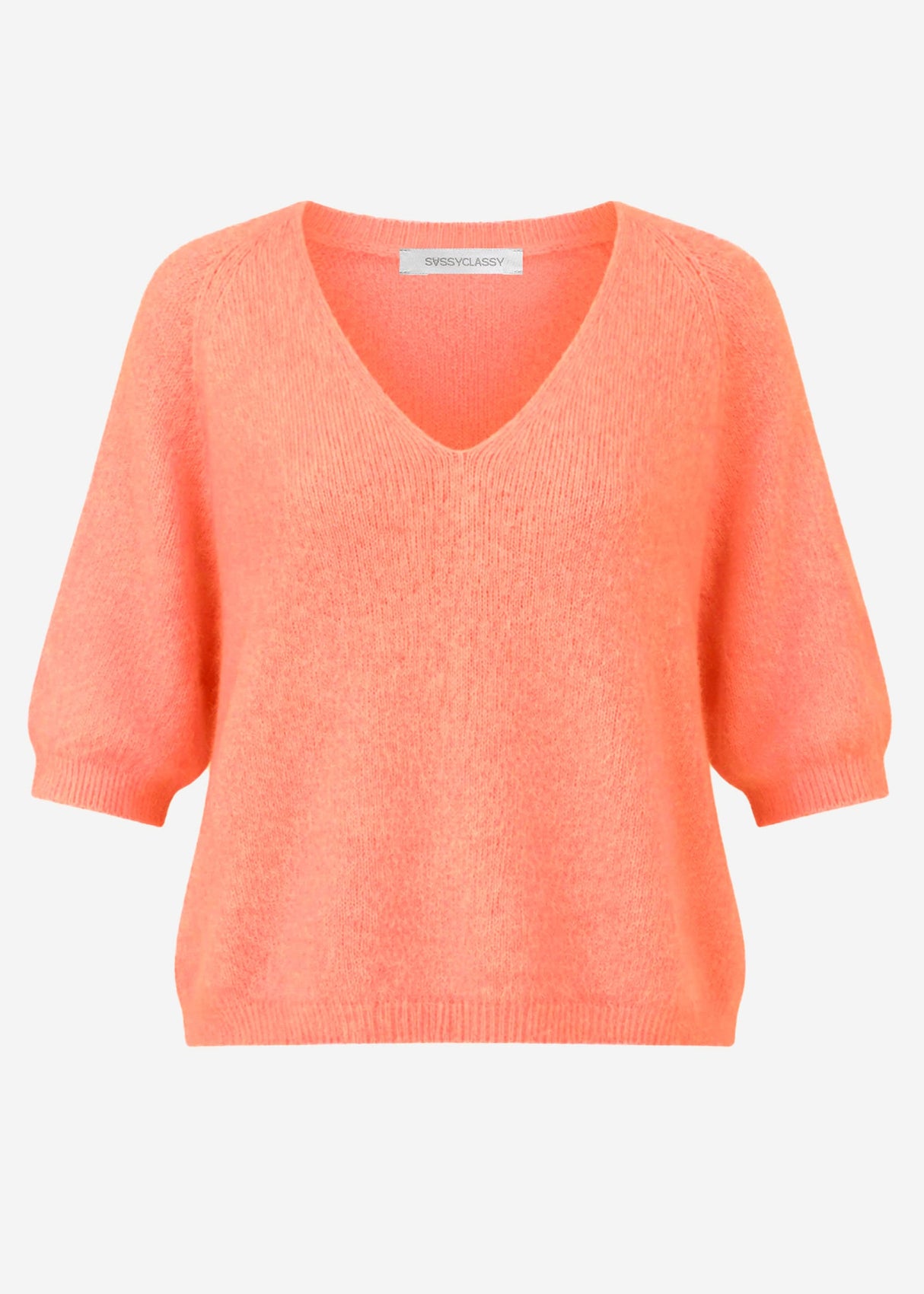 Knitted top with V-neck - coral
