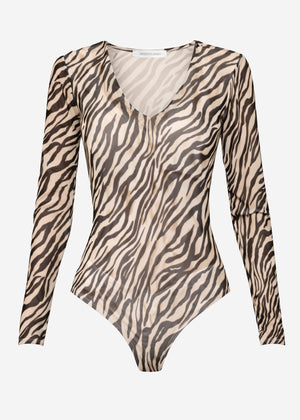 Mesh Langarmbody mit Zebra-Print - offwhite-schwarz