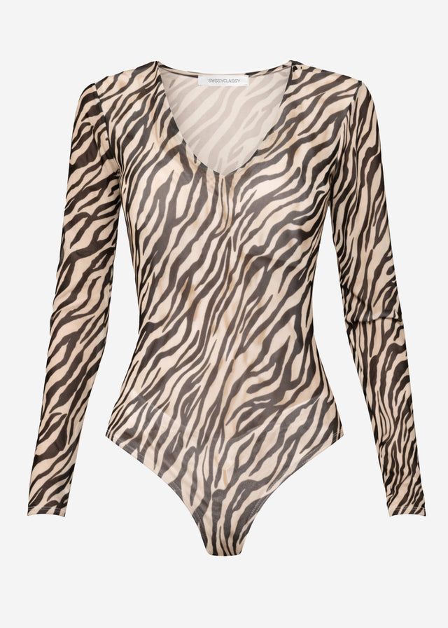 Mesh Langarmbody mit Zebra-Print - offwhite-schwarz