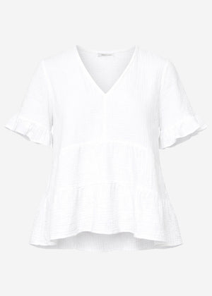 Musselin Shirt mit Volants und tiefem V-Ausschnitt - weiß