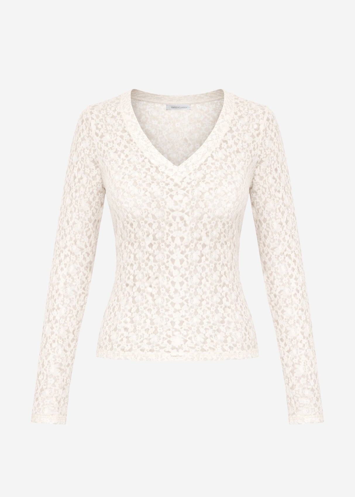 Long-sleeved lace top with V-neck - off-white