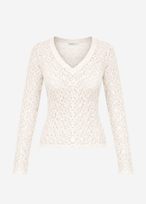 Long-sleeved lace top with V-neck - off-white