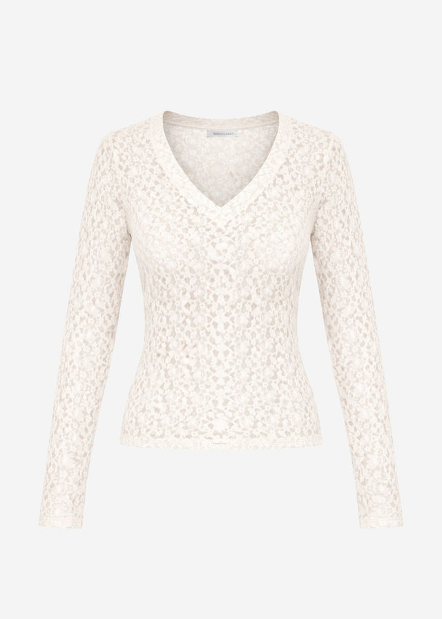 Langarm Spitzenshirt mit V-Ausschnitt - offwhite