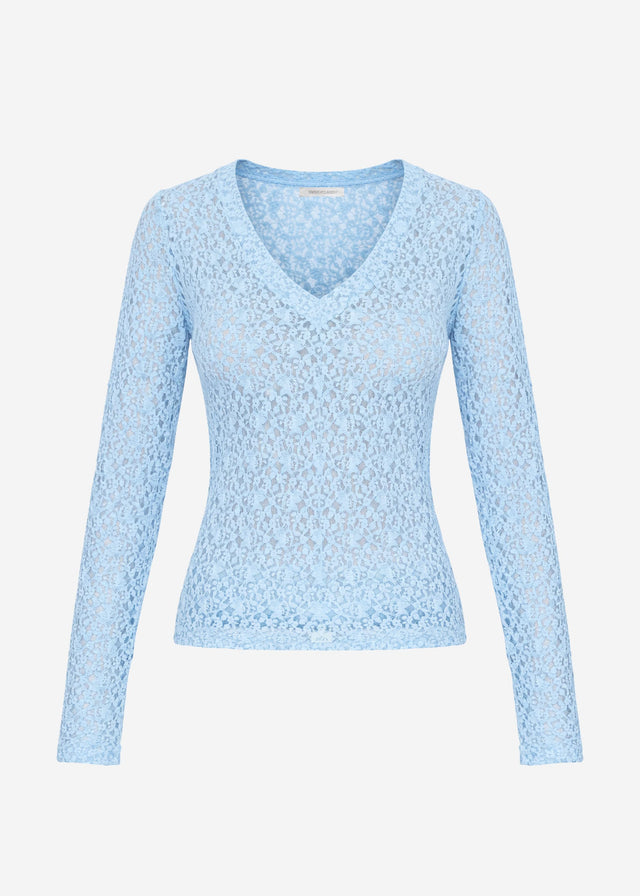 Langarm Spitzenshirt mit V-Ausschnitt - hellblau
