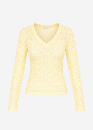 Long-sleeved lace top with V-neck - butter yellow