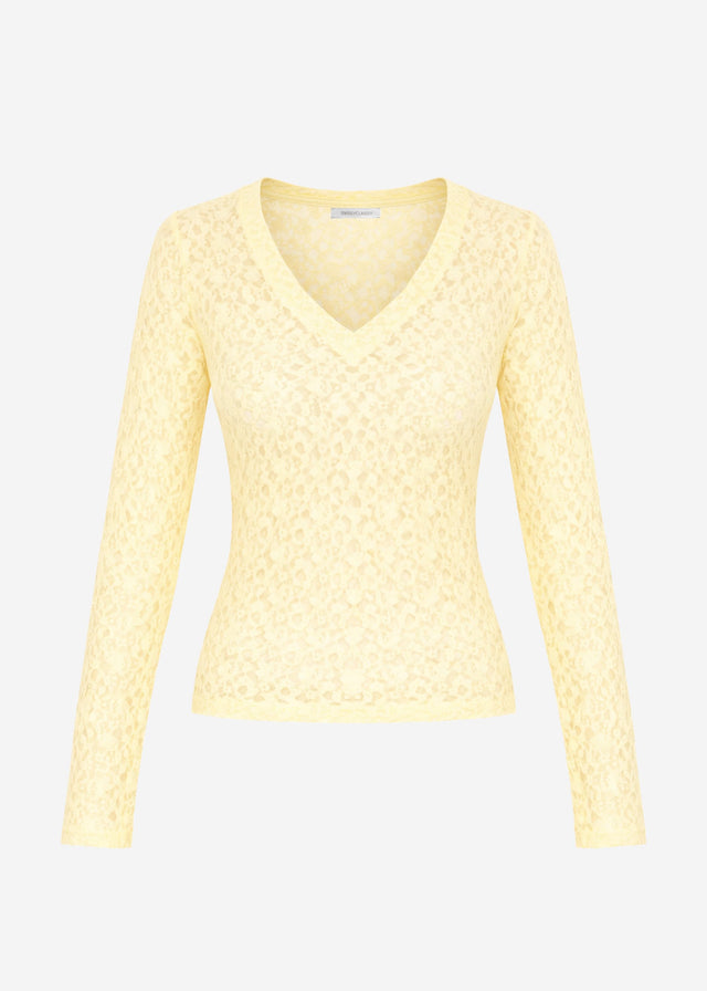 Long-sleeved lace top with V-neck - butter yellow