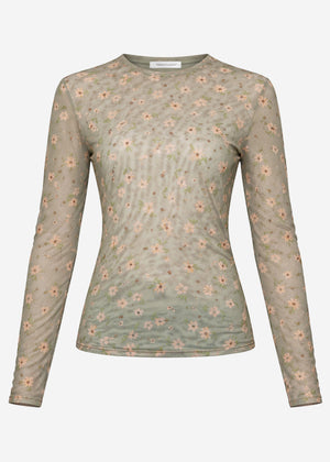 Mesh long-sleeved shirt with floral print - green