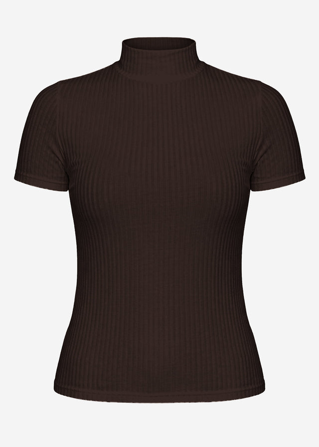 Ribbed T-shirt with funnel neck - brown