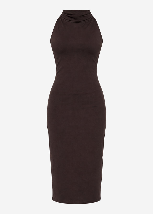 Midi dress with funnel neck and back slit - brown