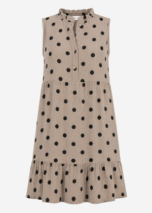 Ärmelloses Musselin Kleid mit Volants und Punkte Print - taupe
