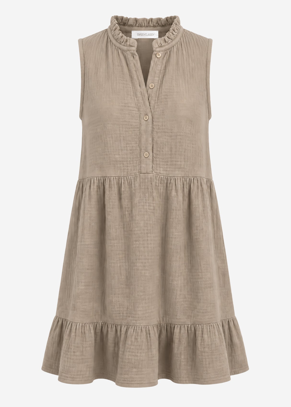 Ärmelloses Musselin Kleid mit Volants - taupe