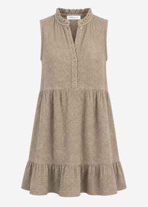 Ärmelloses Musselin Kleid mit Volants - taupe
