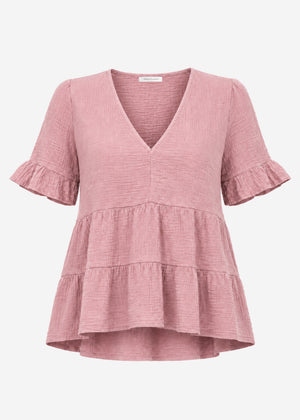 Musselin Shirt mit Volants und tiefem V-Ausschnitt - altrosa