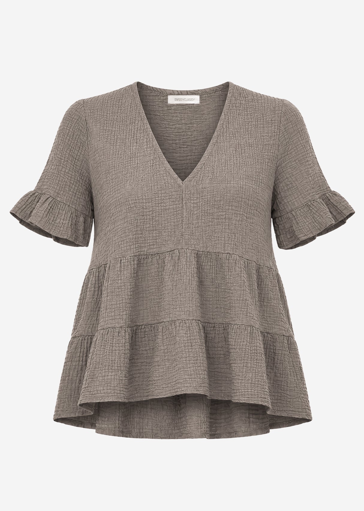 Musselin Shirt mit Volants und tiefem V-Ausschnitt - taupe