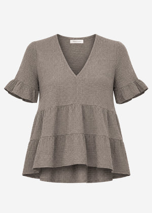 Musselin Shirt mit Volants und tiefem V-Ausschnitt - taupe