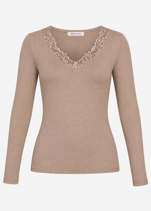 Langarmshirt mit Spitzenausschnitt - taupe