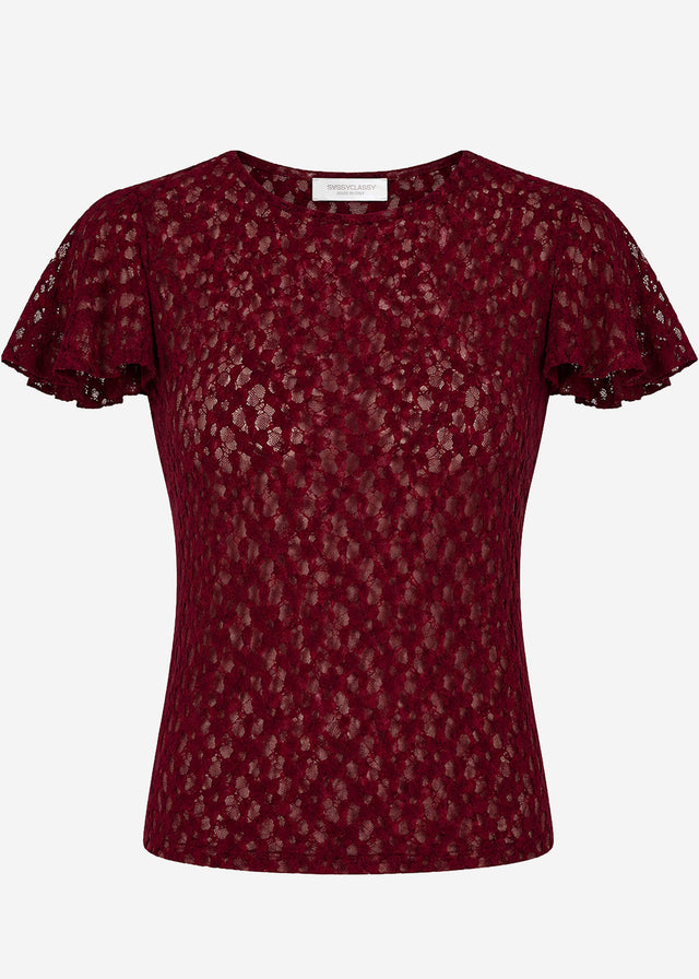 Lace T-shirt with flutter sleeves - burgundy