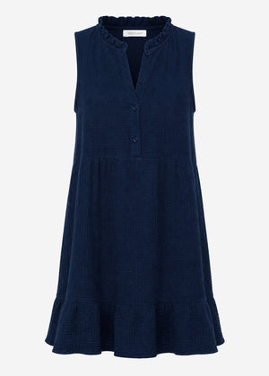 Ärmelloses Musselin Kleid mit Volants - dunkelblau