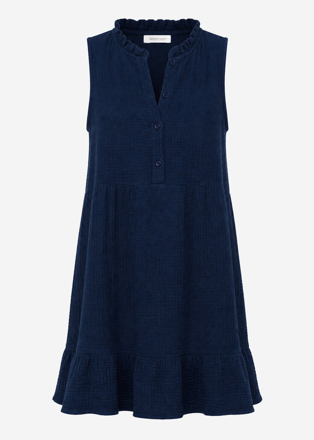Ärmelloses Musselin Kleid mit Volants - dunkelblau