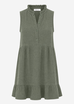 Ärmelloses Musselin Kleid mit Volants - khaki