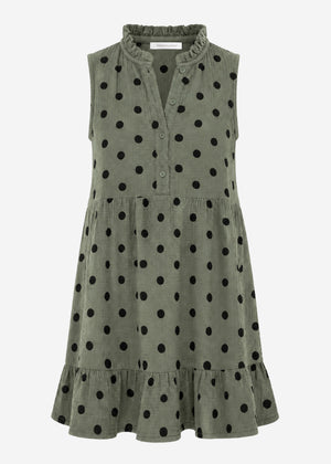Ärmelloses Musselin Kleid mit Volants und Punkte Print - khaki
