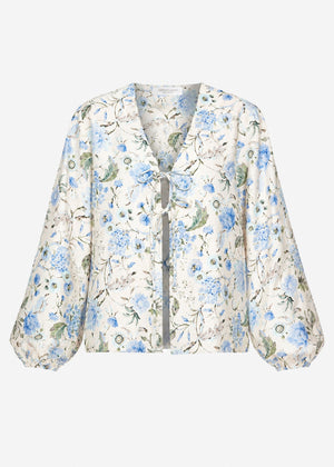 Blusenjacke mit Bindebänder und Blümchendruck - beige-blau